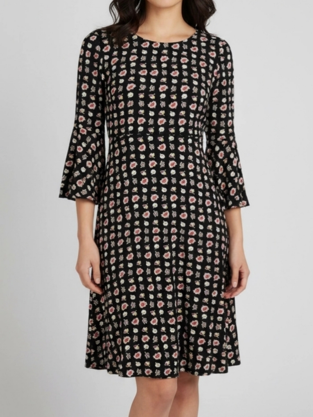 Boden Dress Sz 8 Black With Flowers Stretchy-Soft Fit-Flare Slight Bell Sleeves